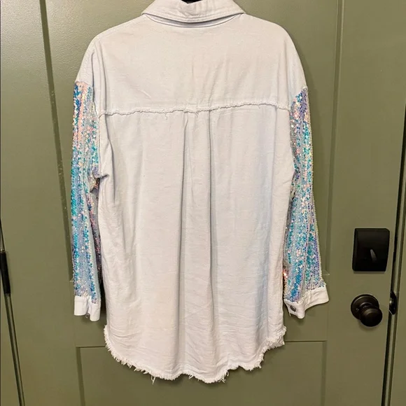 L/C Lizette Collection Light Blue Denim Jacket with Aqua and Iridescent Sequins - Picture 7 of 10